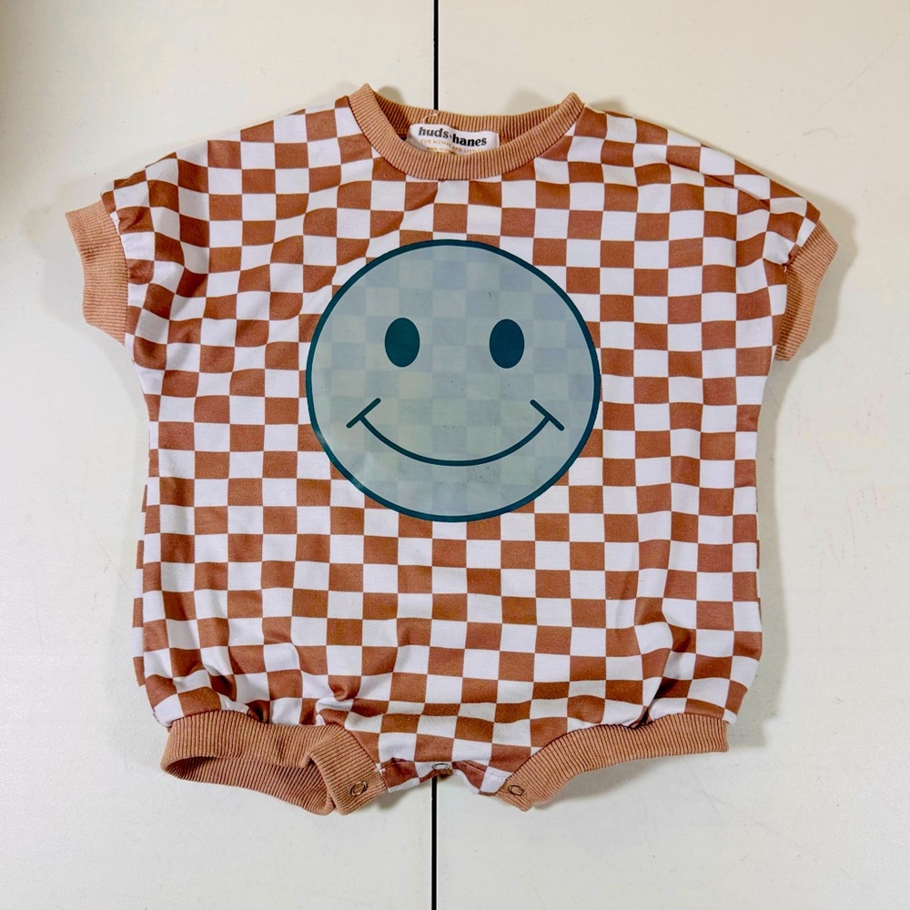 Huds And Hanes 12-18 Month Brown And White Check 1 Piece Happy Baby